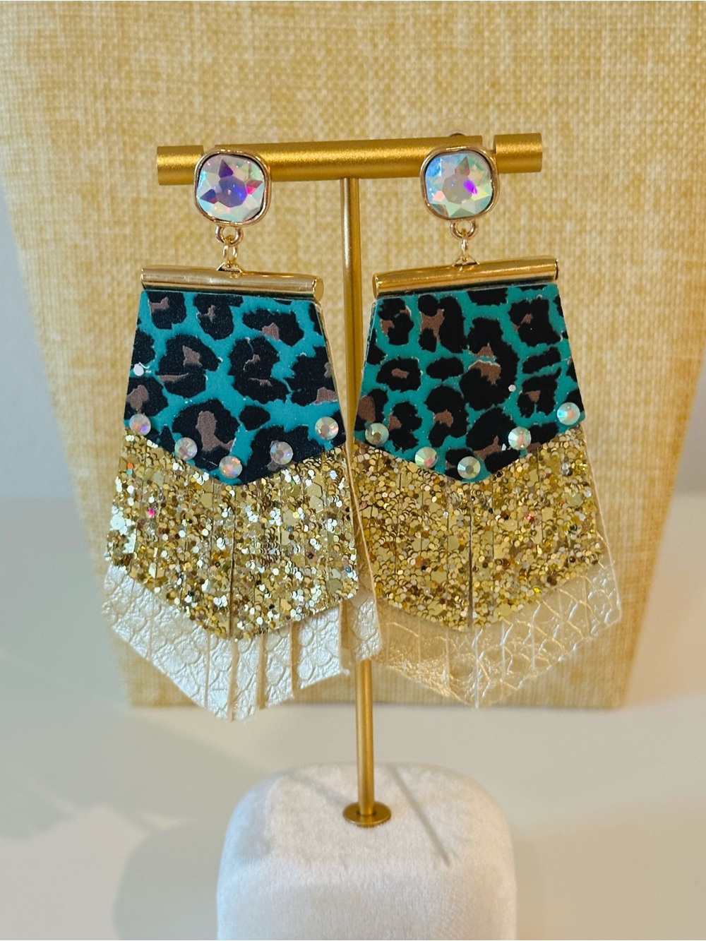 Fashion Jewelry Teal Leopard & Gold Fringe Statement Earrings